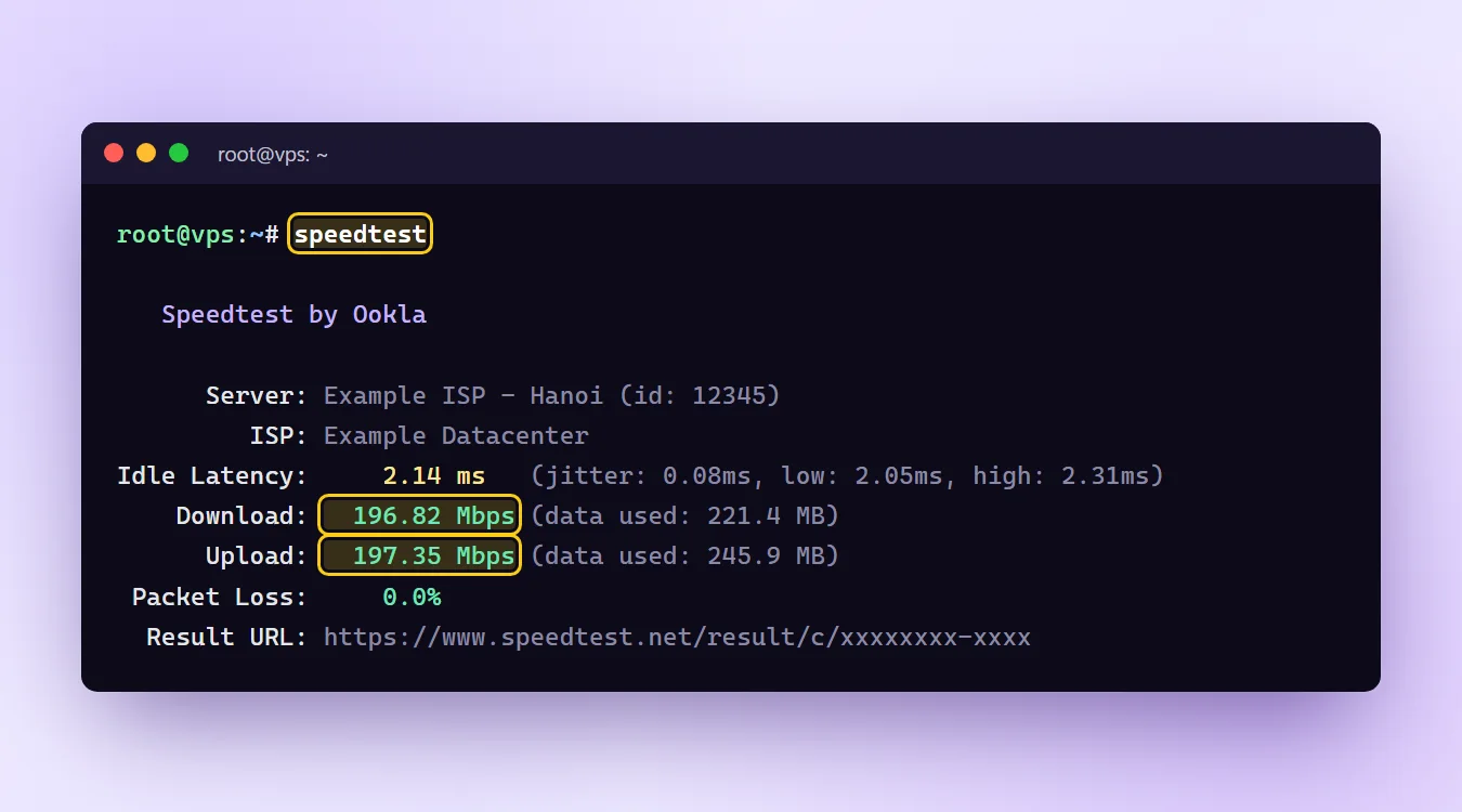 Kết quả lệnh speedtest trên VPS Linux hiển thị Idle Latency, Download, Upload và Packet Loss
