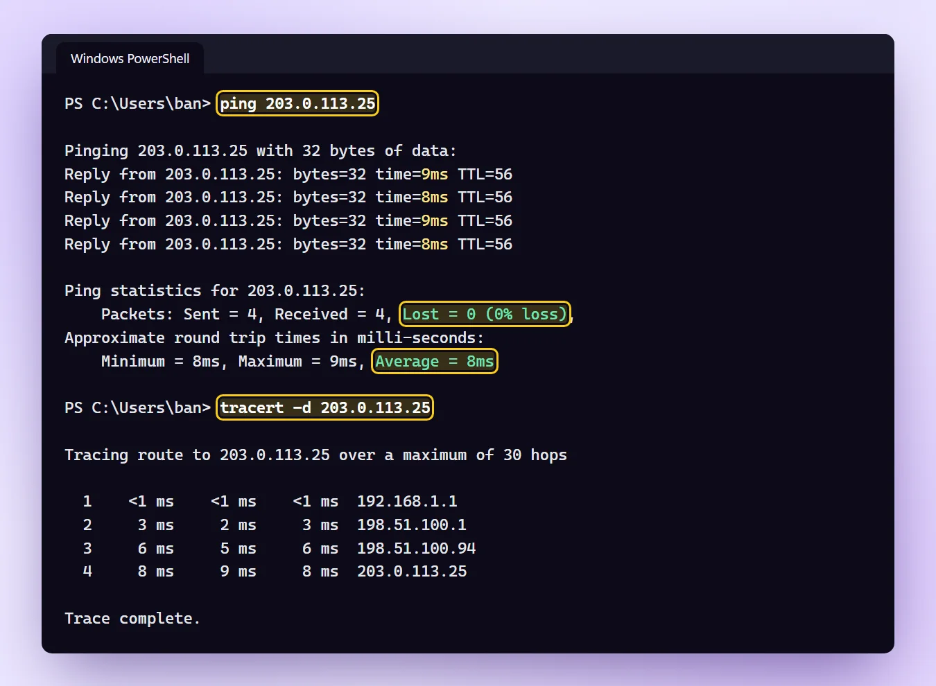 Kết quả lệnh ping và tracert trong Windows PowerShell tới địa chỉ IP VPS
