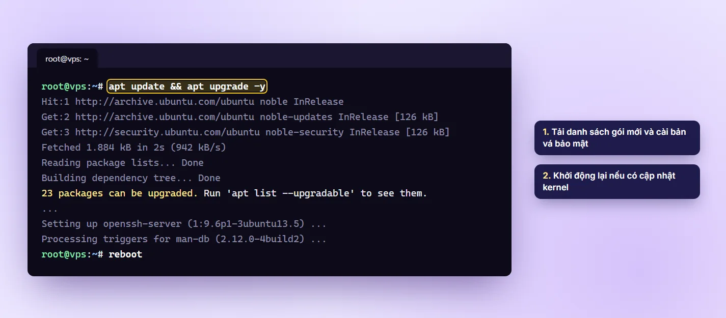 Chạy lệnh apt update và apt upgrade để cập nhật VPS Ubuntu
