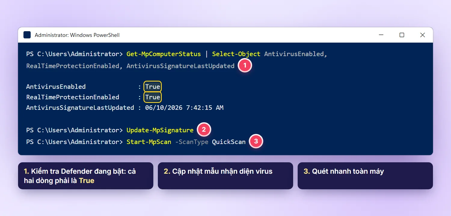 PowerShell kiểm tra Windows Defender đang bật bằng Get-MpComputerStatus, cập nhật và quét nhanh