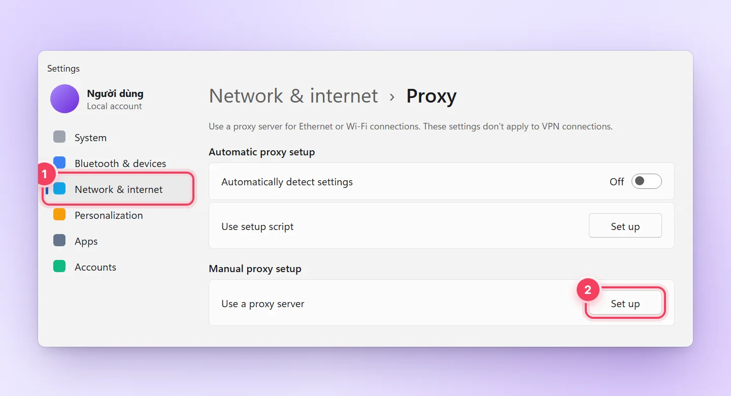 Windows 11 Settings, mục Network & internet, trang Proxy, nút Set up của Use a proxy server