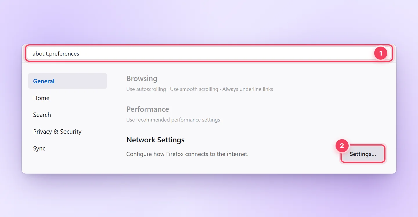 Trang cài đặt Firefox, mục Network Settings với nút Settings