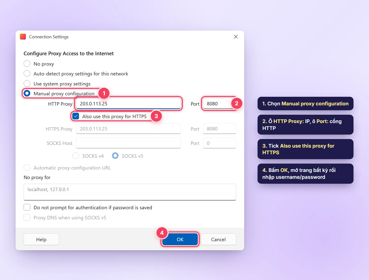 Hộp thoại Connection Settings của Firefox với Manual proxy configuration, HTTP Proxy và Also use this proxy for HTTPS
