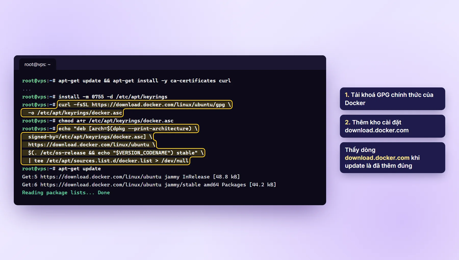 Terminal thêm khoá GPG và kho download.docker.com vào apt trên Ubuntu