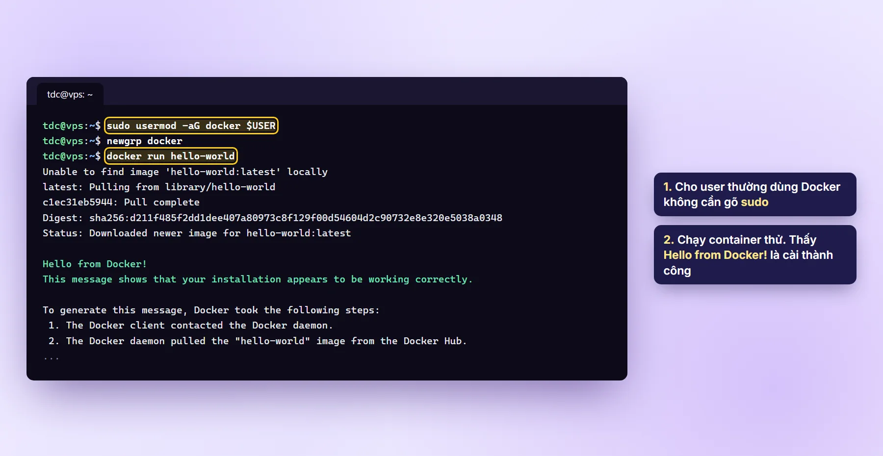 Lệnh docker run hello-world tải image và in Hello from Docker!