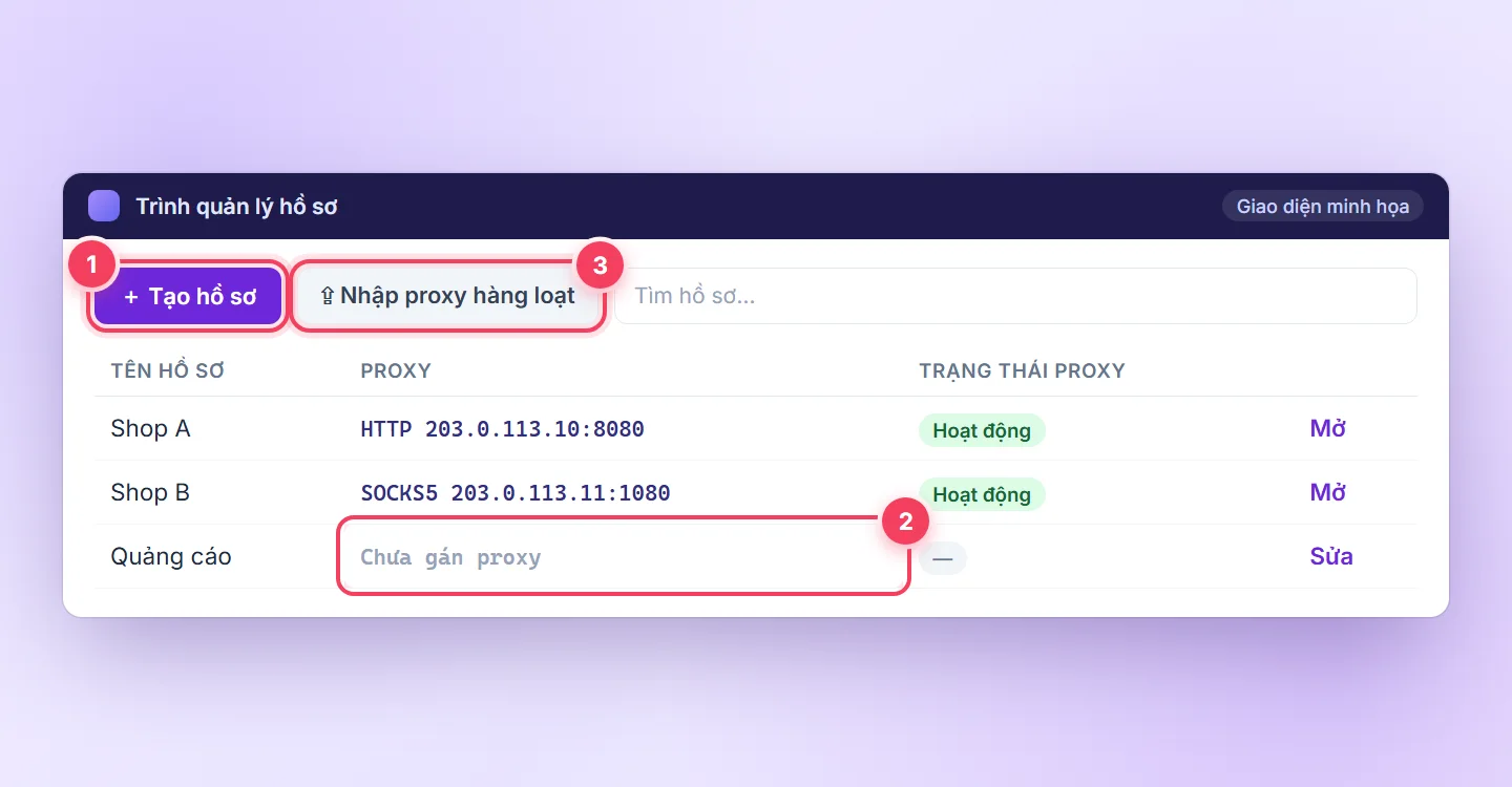 Giao diện minh họa danh sách hồ sơ với cột proxy, nút tạo hồ sơ và nhập proxy hàng loạt