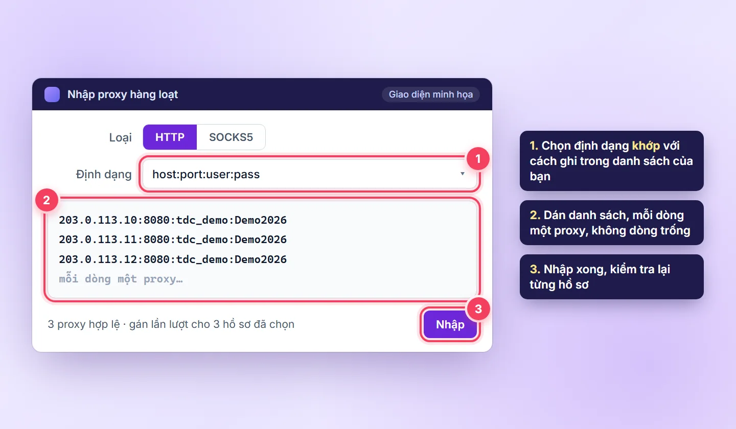 Hộp thoại minh họa nhập proxy hàng loạt theo định dạng host:port:user:pass, mỗi dòng một proxy