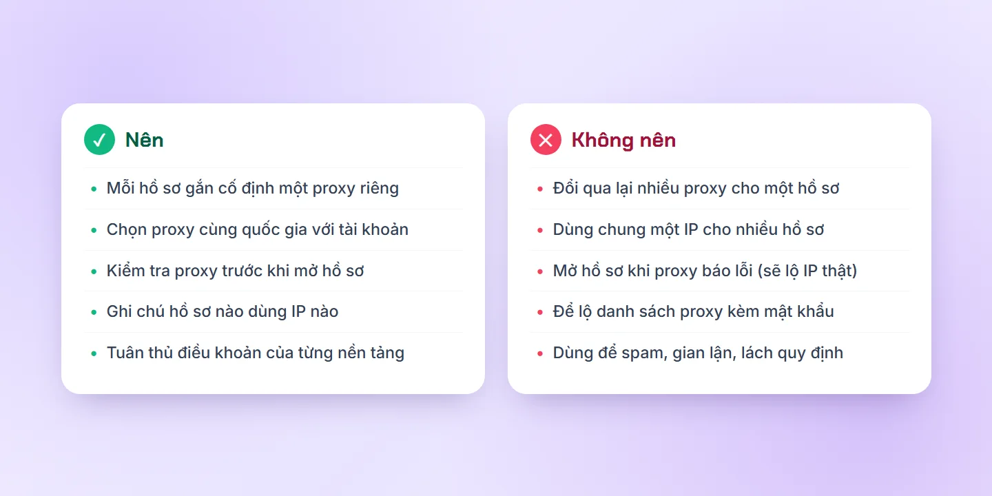Bảng nên và không nên khi dùng proxy cho trình duyệt quản lý nhiều tài khoản