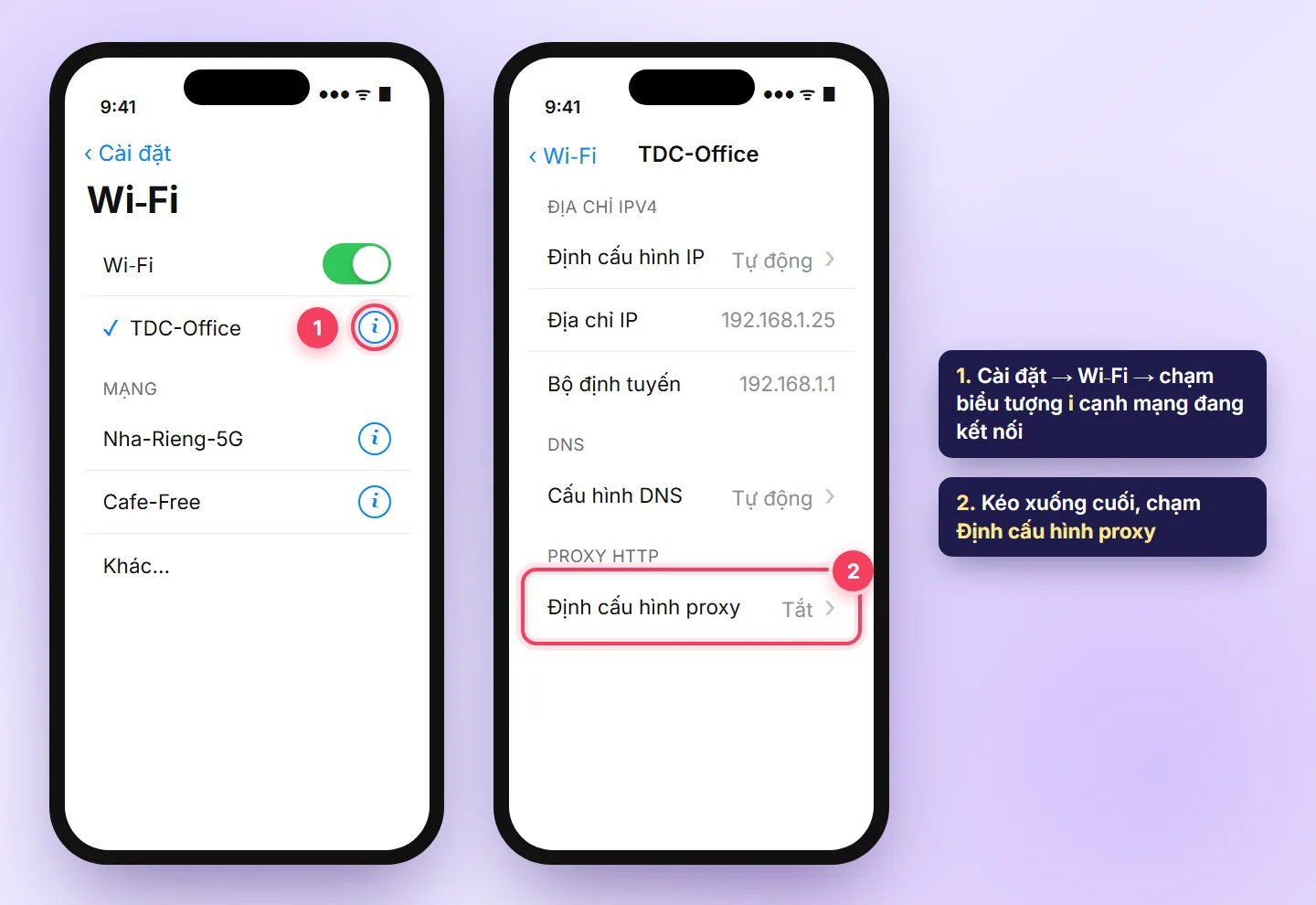 iPhone Cài đặt Wi-Fi, chạm biểu tượng i cạnh mạng đang kết nối rồi chọn Định cấu hình proxy