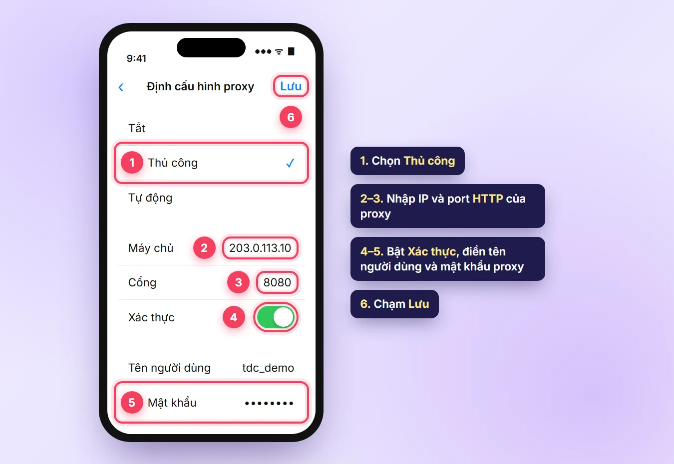 Màn hình Định cấu hình proxy trên iPhone: chọn Thủ công, nhập Máy chủ, Cổng, bật Xác thực, điền tên người dùng, mật khẩu và Lưu