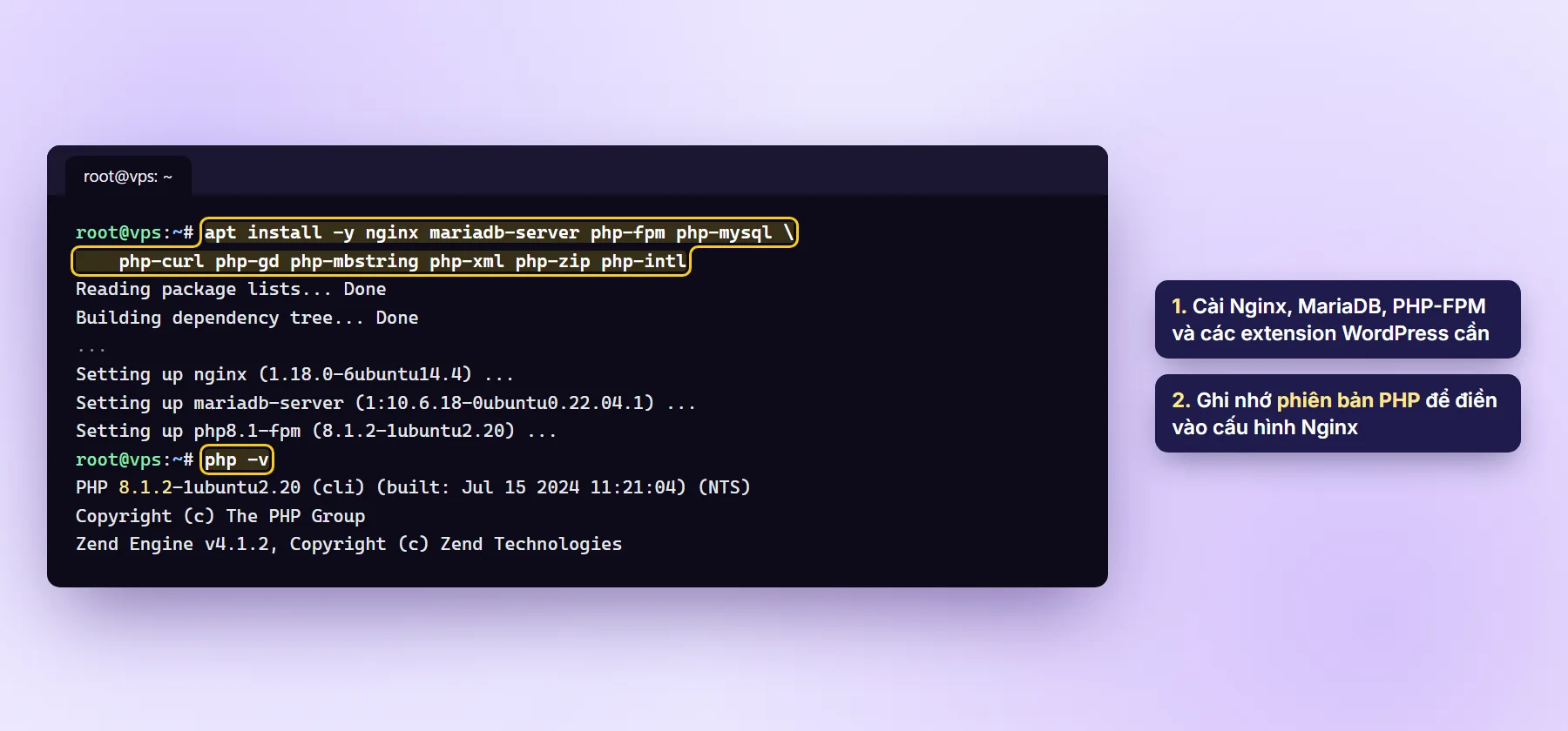Terminal cài nginx mariadb-server php-fpm và kiểm tra phiên bản PHP 8.1 bằng php -v