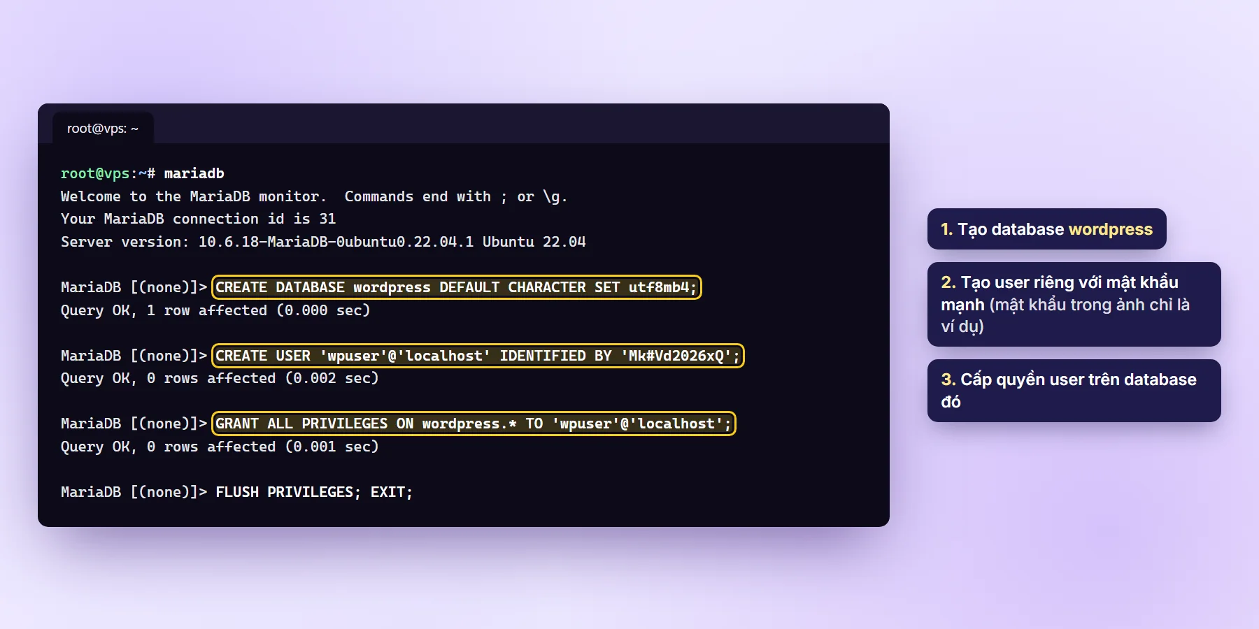 MariaDB tạo database wordpress, user wpuser và cấp quyền, kết quả Query OK