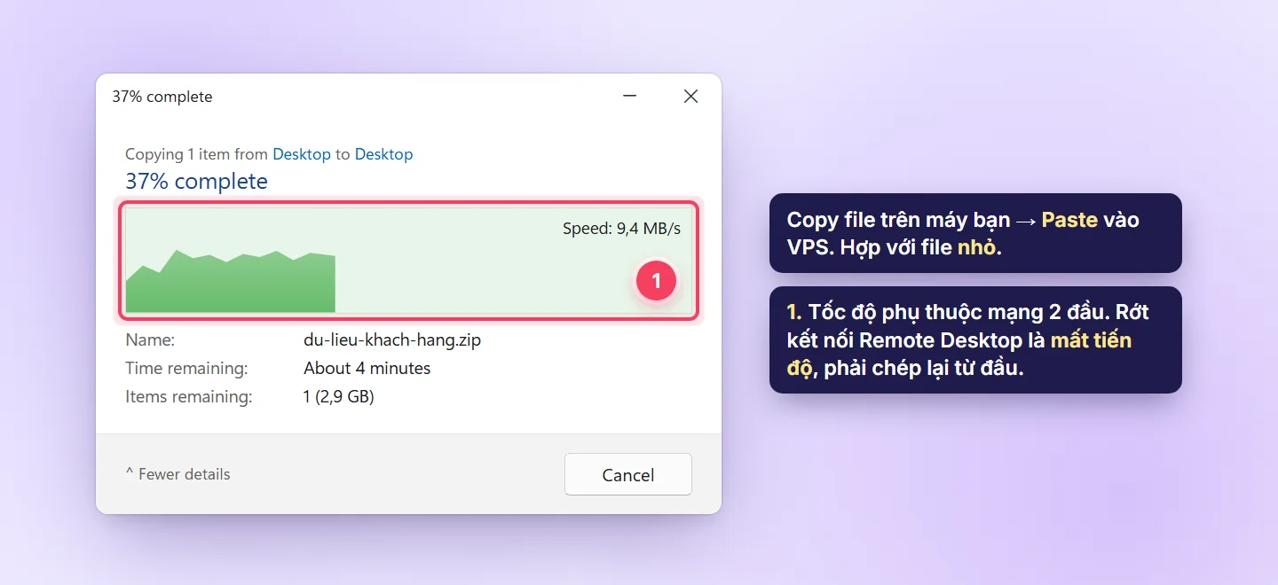 Hộp thoại sao chép file trong VPS Windows qua Remote Desktop, hiển thị 37% complete và tốc độ