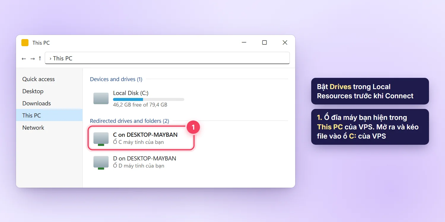This PC trong VPS Windows hiển thị ổ đĩa máy tính cá nhân trong mục Redirected drives and folders