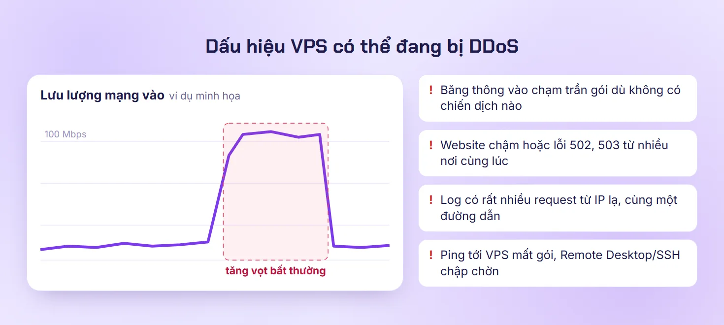 Biểu đồ lưu lượng mạng vào tăng vọt bất thường kèm danh sách dấu hiệu VPS bị DDoS