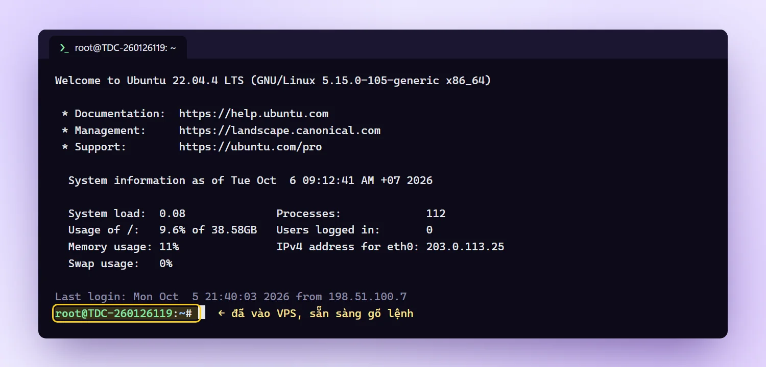 Màn hình chào Ubuntu 22.04 sau khi đăng nhập SSH thành công vào VPS