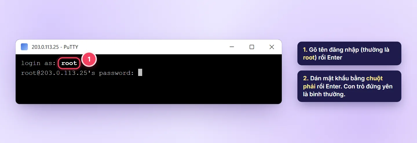 PuTTY yêu cầu login as và password khi đăng nhập VPS Linux