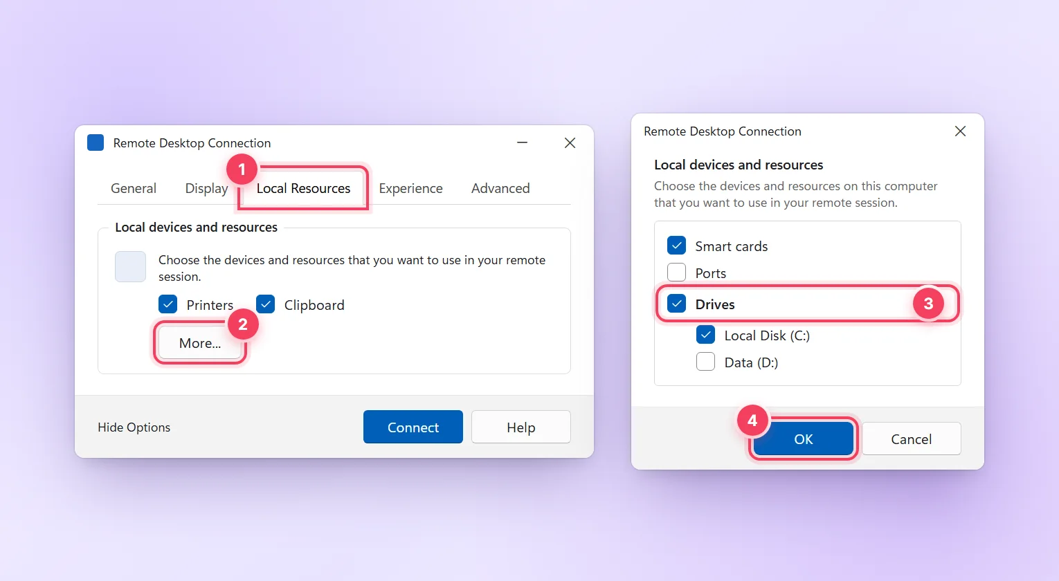 Tab Local Resources trong Remote Desktop Connection, mục More và tích Drives để chia sẻ ổ đĩa với VPS