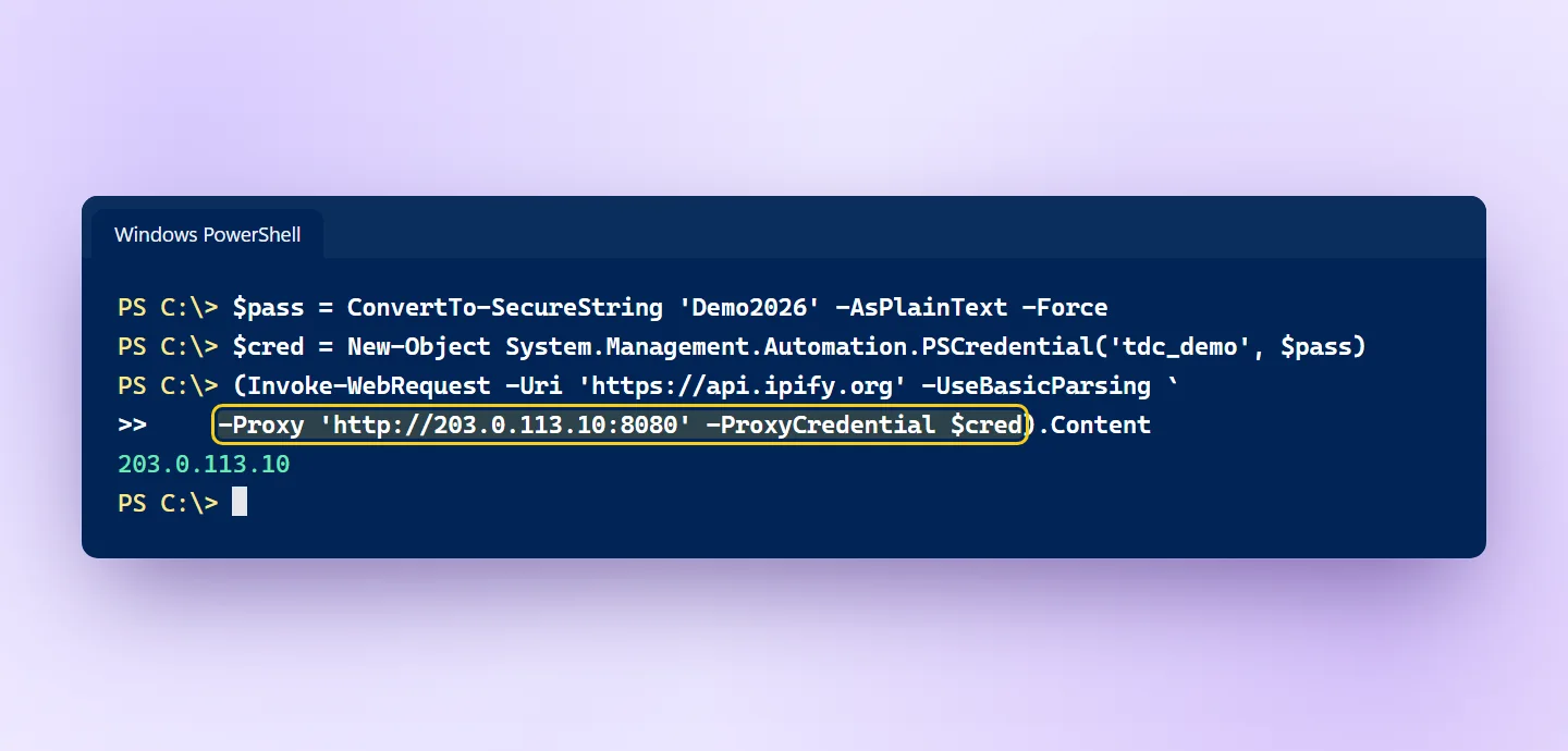 PowerShell Invoke-WebRequest dùng tham số Proxy và ProxyCredential để kiểm tra proxy HTTP