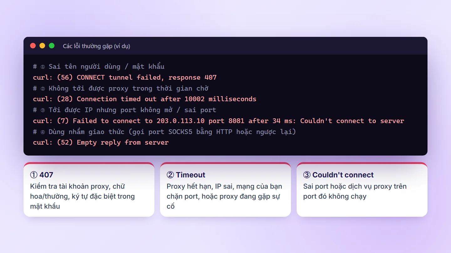Các lỗi curl thường gặp khi kiểm tra proxy: 407, timeout, couldn't connect và empty reply
