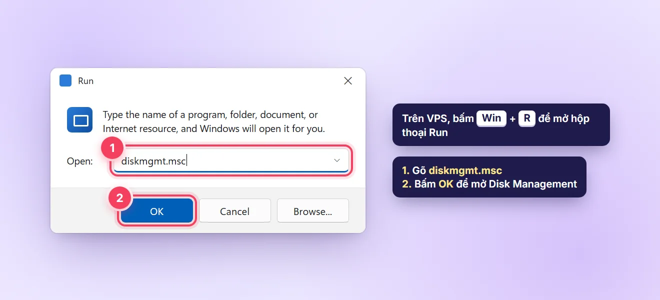 Hộp thoại Run trên Windows Server với lệnh diskmgmt.msc để mở Disk Management