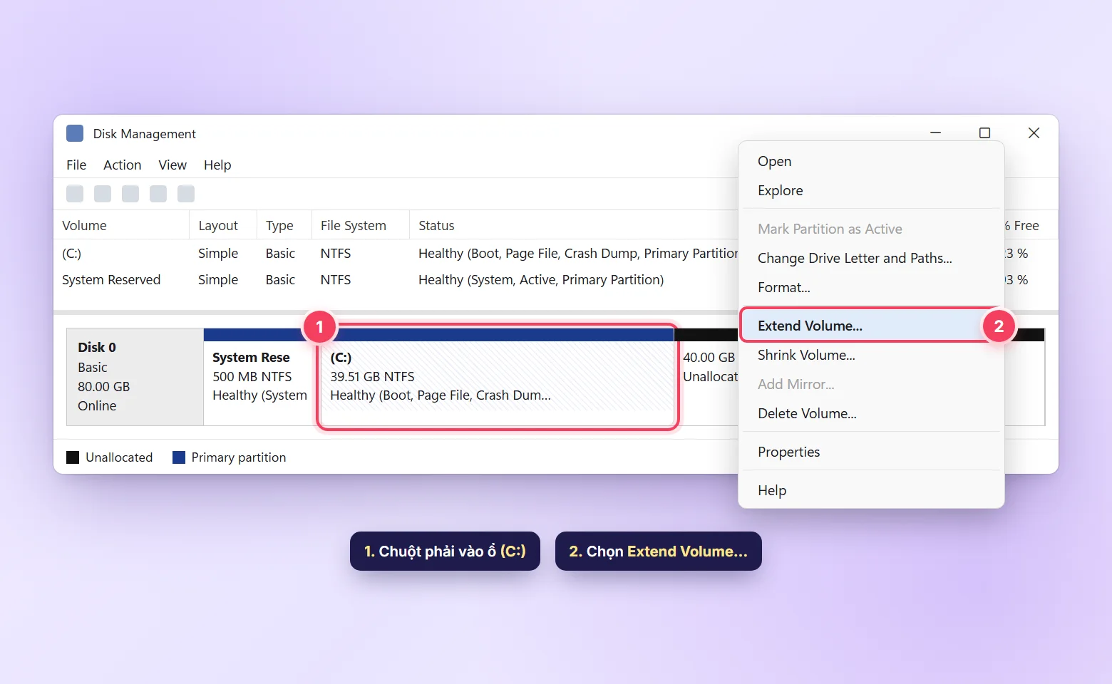 Menu chuột phải trên ổ C: trong Disk Management với tùy chọn Extend Volume