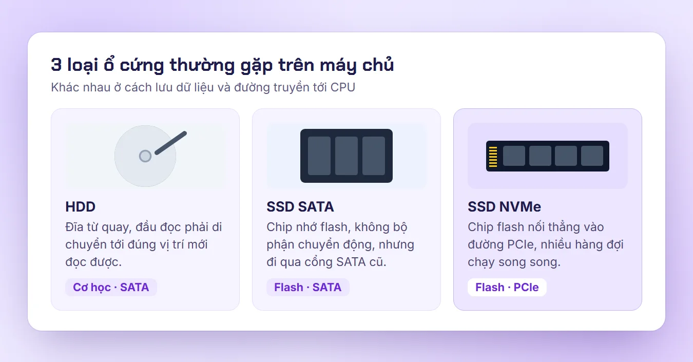 So sánh cấu tạo ổ cứng HDD, SSD SATA và SSD NVMe