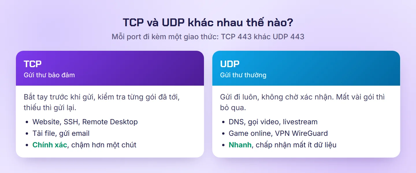 So sánh TCP như gửi thư bảo đảm và UDP như gửi thư thường, kèm ví dụ dịch vụ sử dụng
