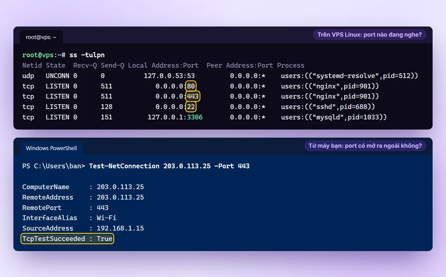 Kết quả lệnh ss -tulpn trên VPS Linux và lệnh Test-NetConnection trong PowerShell kiểm tra port 443