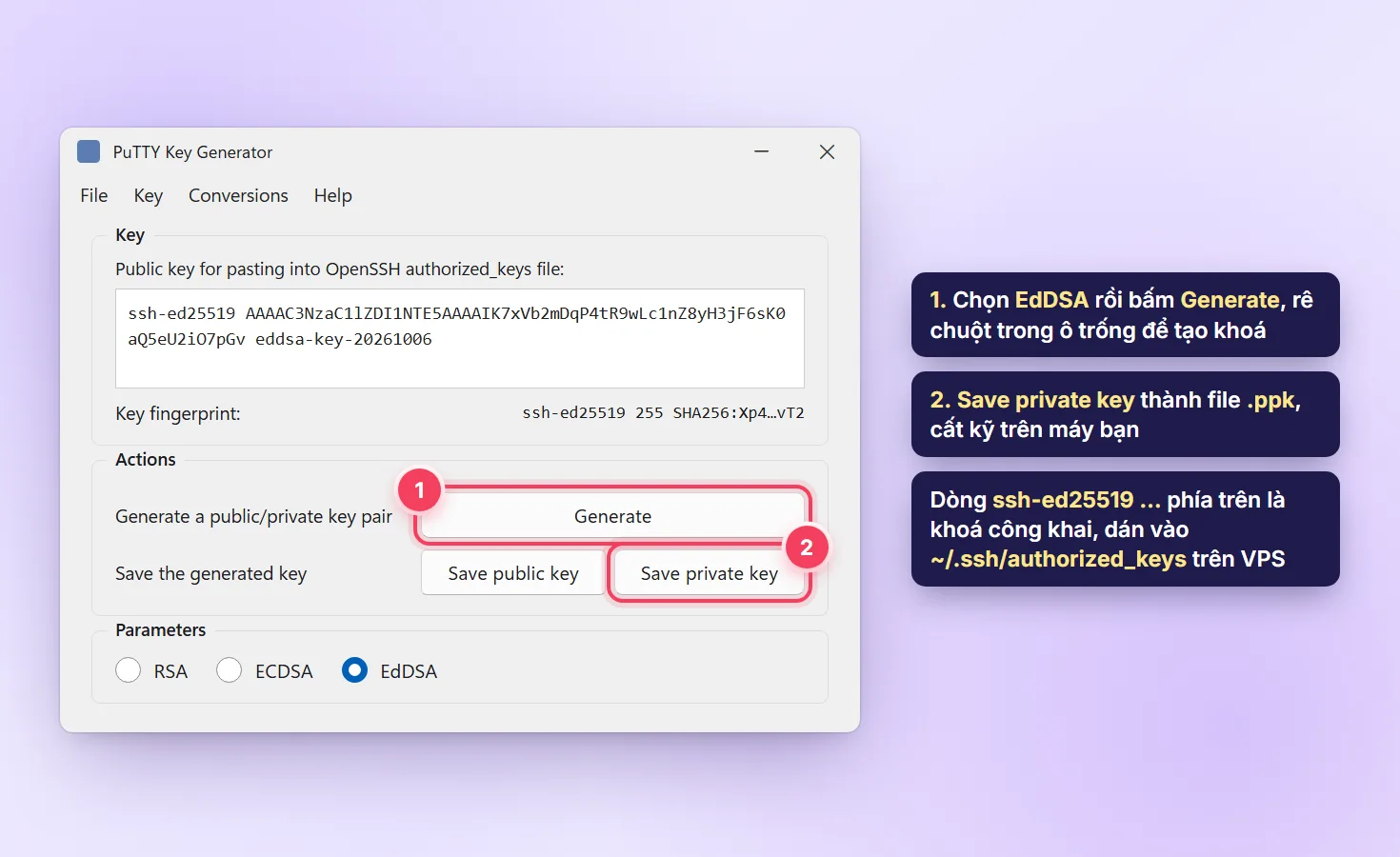 PuTTY Key Generator tạo khoá EdDSA, nút Generate và Save private key