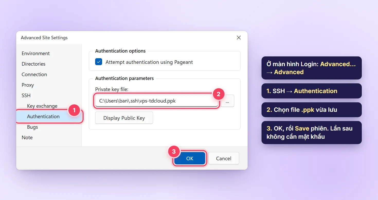 Advanced Site Settings của WinSCP, mục SSH Authentication chọn Private key file .ppk