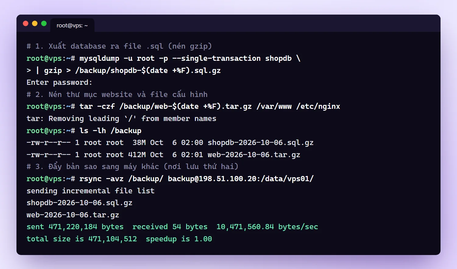 Terminal chạy mysqldump, tar và rsync để sao lưu dữ liệu VPS Linux