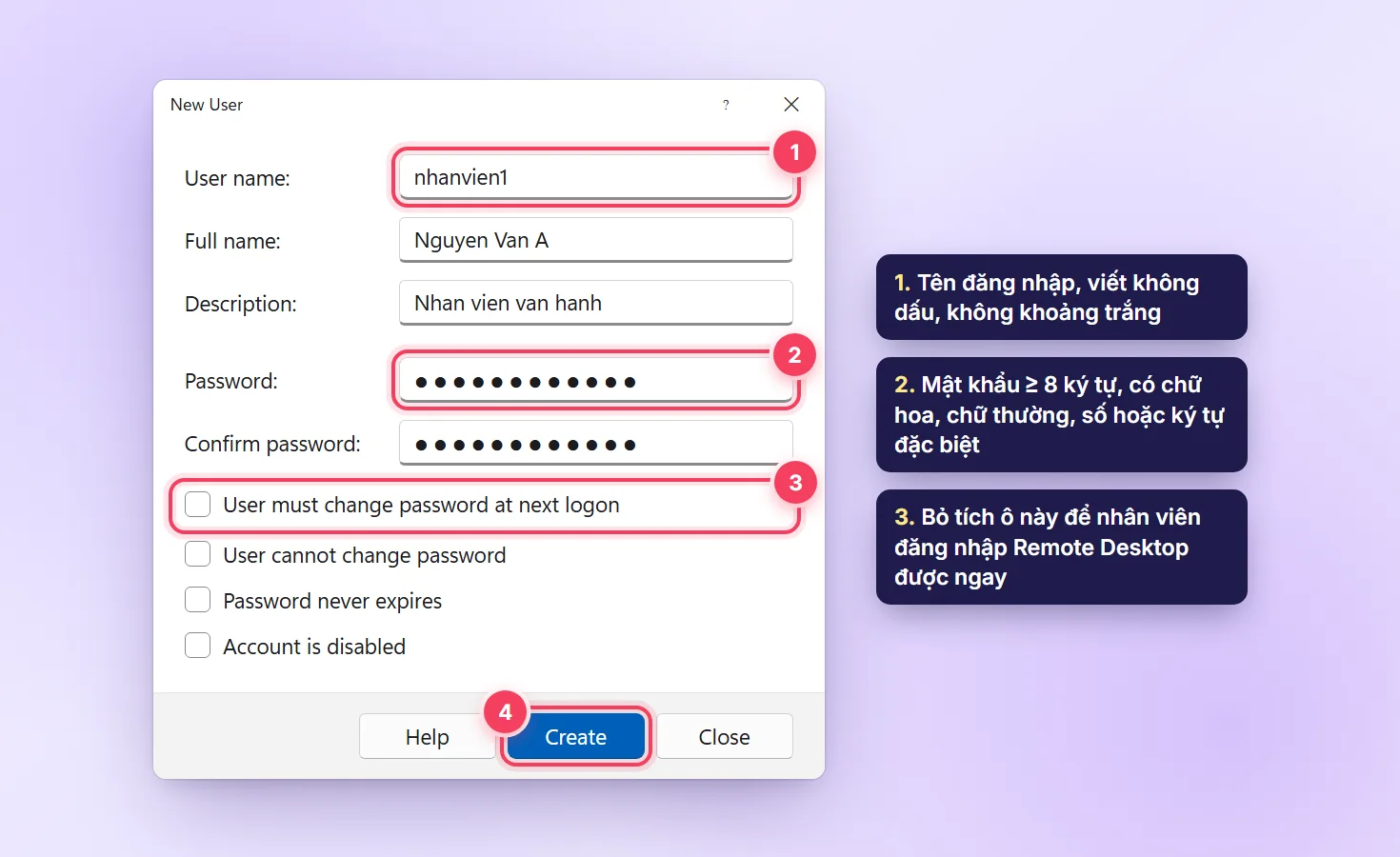 Hộp thoại New User trên Windows Server: nhập user name, mật khẩu và bỏ tích User must change password at next logon