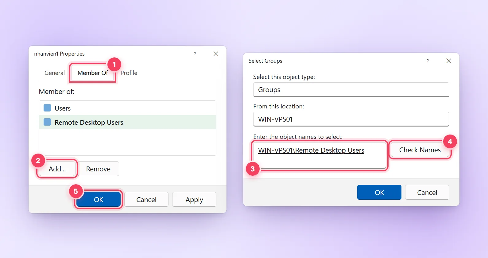 Thêm tài khoản vào nhóm Remote Desktop Users qua tab Member Of và hộp thoại Select Groups