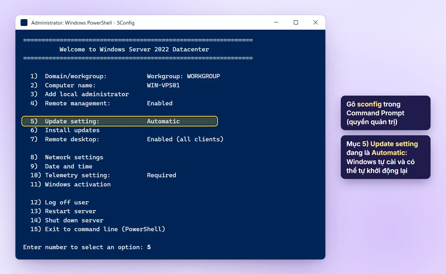 Menu sconfig trên Windows Server 2022, mục 5 Update setting đang là Automatic