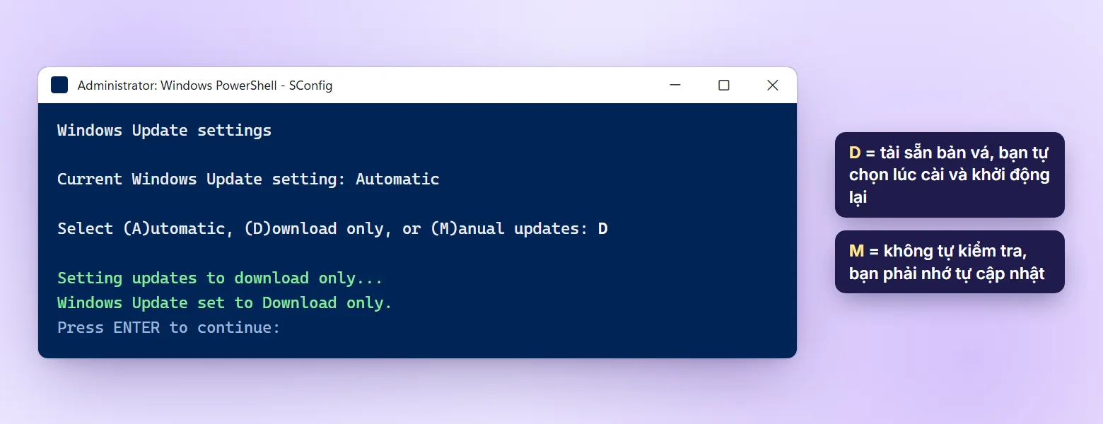 Chọn Download only trong mục Windows Update settings của sconfig
