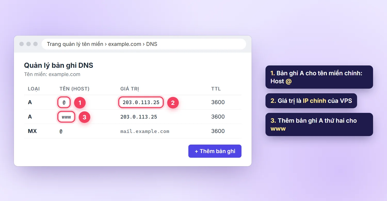 Bảng quản lý DNS với hai bản ghi A cho @ và www trỏ về IP VPS 203.0.113.25