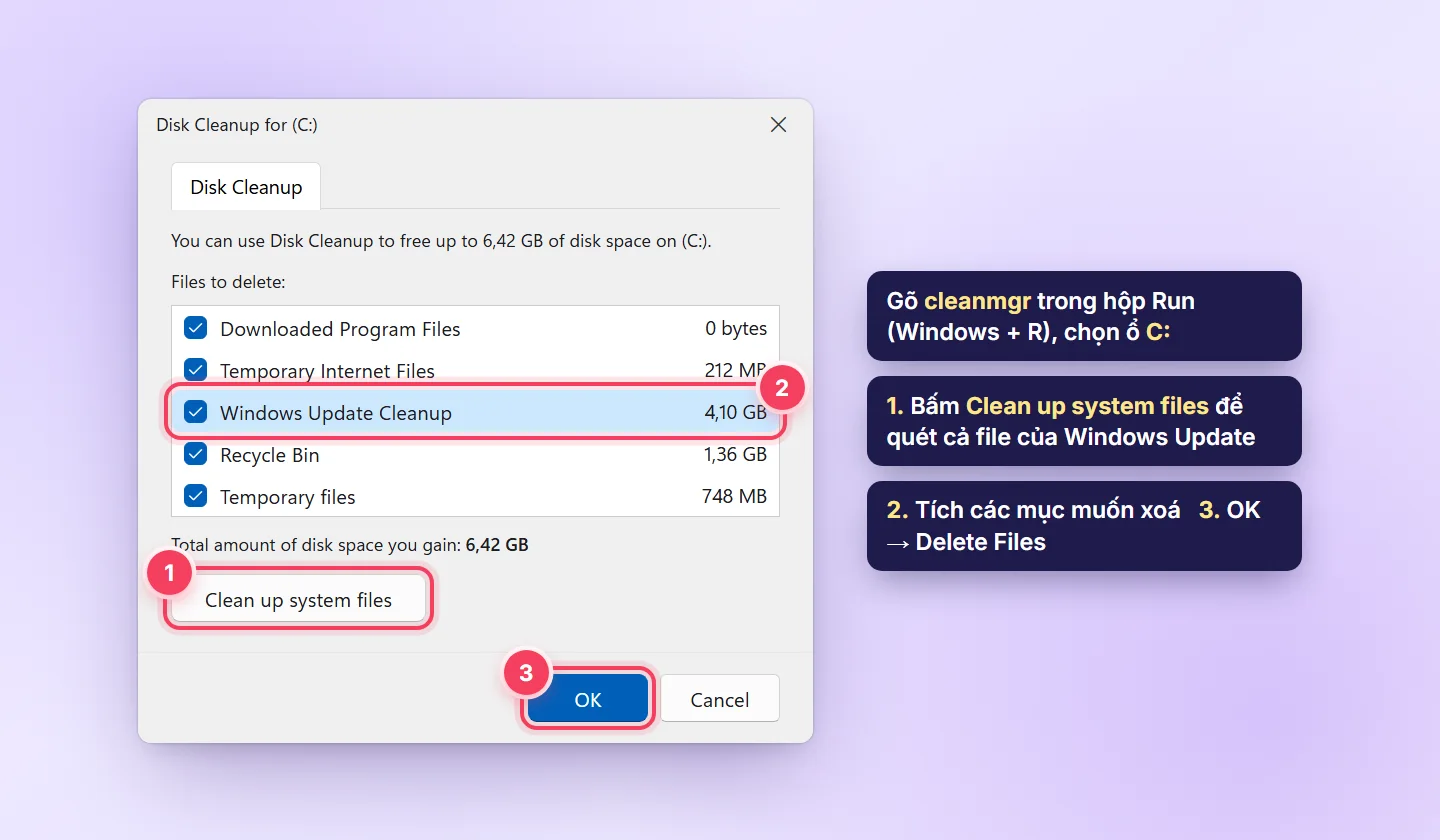 Disk Cleanup trên VPS Windows, mục Windows Update Cleanup 4,10 GB và nút Clean up system files