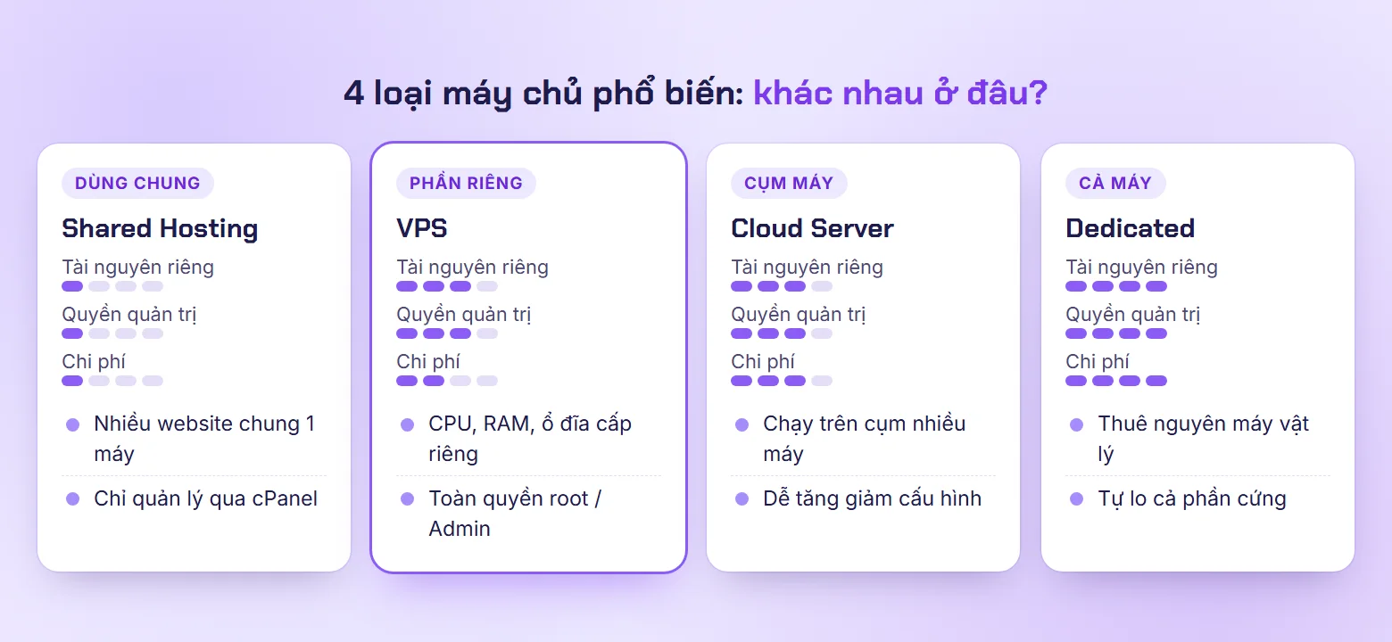 So sánh 4 loại máy chủ Shared Hosting, VPS, Cloud Server và Dedicated Server theo tài nguyên riêng, quyền quản trị và chi phí